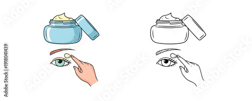 Hand applying cream to eye area and open jar in flat cartoon style and line art version on white background representing daily skincare routine and anti-aging treatment