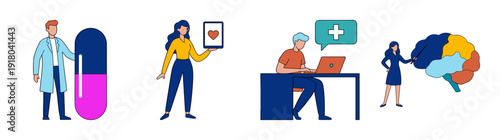 Flat Vector Medical Healthcare and Mental Wellness Character Element Kit for Telehealth and Pharmaceutical Services