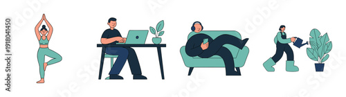 Flat Vector Lifestyle and Productivity Character Element Kit for Modern Wellness and Remote Work Design