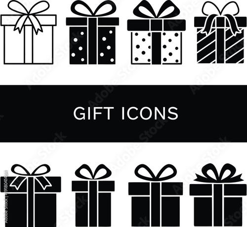 Minimal Black Gift Box Icon Set with Ribbon and Bow