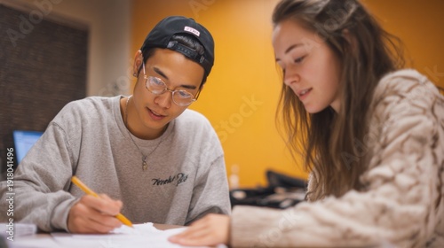 Engaged Students in One-on-One Teaching Session at a Study Table with Warm Background