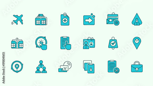 Set of travel and business icons on a light background