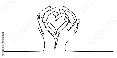 Continuous line drawing of hands cupping together to form a heart shape, symbolizing love and care Vector, illustration