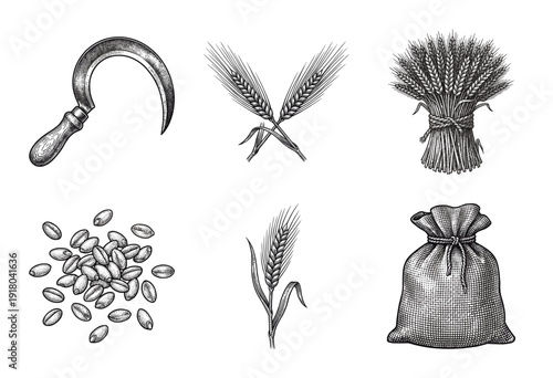 Vintage engraving set of wheat farming elements including stalks, sickle tool, grain pile, and burlap sack.