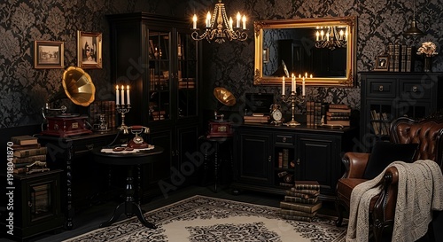Luxurious Dark Interior with Ornate Furniture.