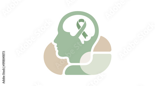 Stylized profile of a human head with a visible brain containing an awareness ribbon, symbolizing mental health and support.