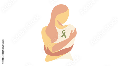 Stylized illustration of a person hugging themselves, wearing a shirt with a green ribbon symbolizing mental health awareness and self-care.