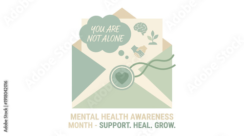 An illustration for Mental Health Awareness Month featuring an open envelope with a supportive message and icons representing well-being and healing.