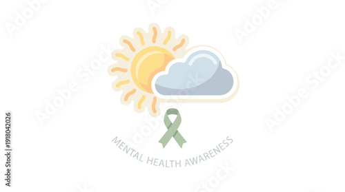 Illustration of a sun partially covered by a cloud with a green ribbon and 'Mental Health Awareness' text, symbolizing mental well-being.
