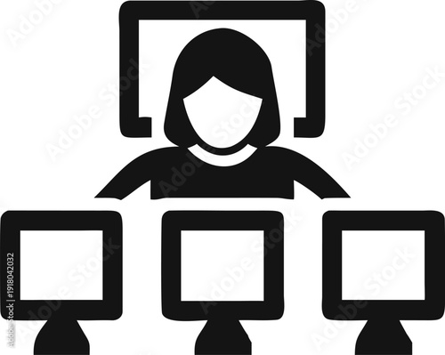 A female leader or manager overseeing multiple computer screens and information flow