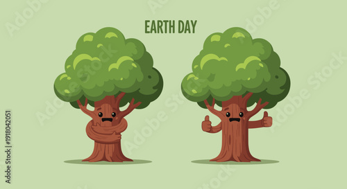 Two Cartoon Trees with Hands Up.