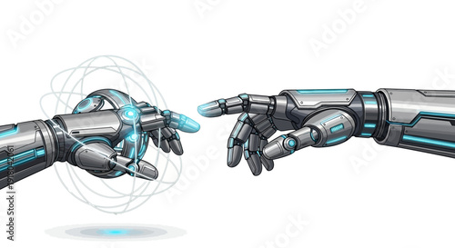Robotic hands reaching out to each other in a futuristic gesture.