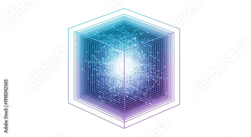 Glowing blue and purple cube with sparkling particles inside.
