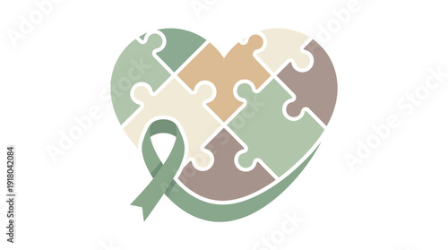 A heart shape formed by puzzle pieces in muted green, brown, and cream tones, with a green awareness ribbon.
