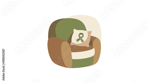 Stylized armchair with green and brown patches and a cushion featuring a green awareness ribbon.