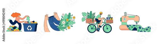 Flat Vector Sustainable Lifestyle Graphic Set for Circular Economy and Eco-Friendly Textile Recycling Concepts