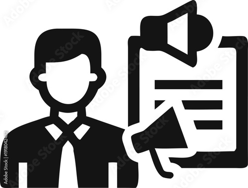 A person icon stands next to a clipboard with text and two megaphones for public relations and promotion