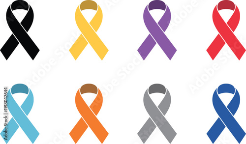 Colorful awareness ribbon vector icon set, charity and medical support symbols for health, hope, and solidarity