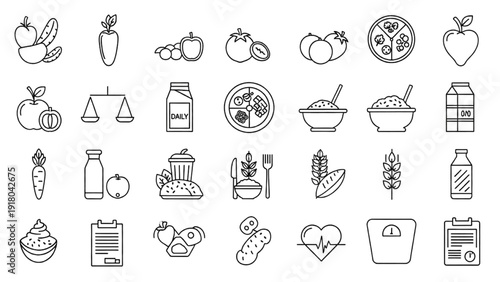 Assorted Food Icons Vector Icon Sheet Featuring Fruits, Vegetables, and Kitchen Essentials