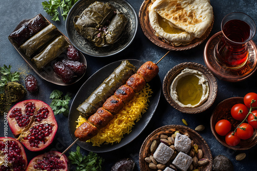 Elaborate Indian Food Spread Overhead with Chicken Tikka Skewers, Curry, Biryani, Naan Bread, Spices and Chutneys on Dark Wooden Table