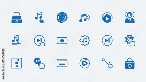 Set of various blue icon symbols related to audio music and controls