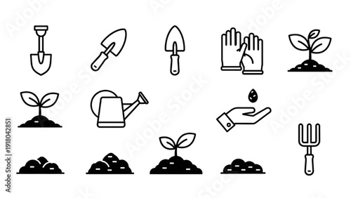 Vector Icon Sheet Featuring Gardening Tools and Plants in Various Stages of Growth