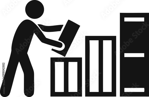 A person stacking rectangular blocks on a growing bar chart symbolizing progress or construction