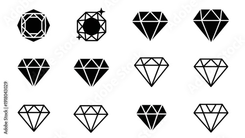 Vector Icon Sheet Featuring Diamonds and Jewels in Various Geometric Styles