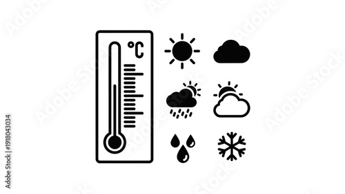 Vector Icon Sheet Featuring Thermometer and Weather Symbols in Various Conditions