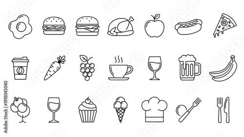 Collection of Food Icons in Vector Icon Sheet Style Representing Various Cuisine and Dining Experiences