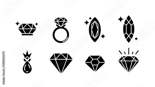 Collection of Vector Jewel Icon Sheet Featuring Diamond, Ring, Crown, Earring, Necklace