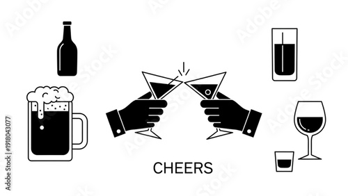 Vector Icon Sheet Featuring Cheers Toast with Drinks and Beverage Glasses