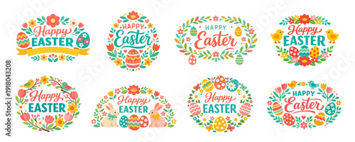 Happy Easter wreath collection. Floral frames with eggs rabbits birds and spring leaves. Decorative greeting compositions in bright palette