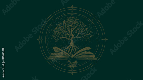 Symbolic Tree of Knowledge Growing from an Open Book within an Elegant Ornate Circular Design. Wisdom, Growth, and Learning Concept.