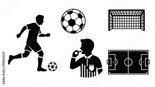 Vector Icon Sheet of Soccer Player, Ball, Referee, Goal, and Field in Action from Top View