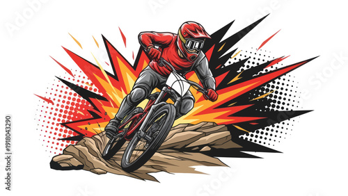 Mountain biker in action illustration with speed and dynamic burst elements