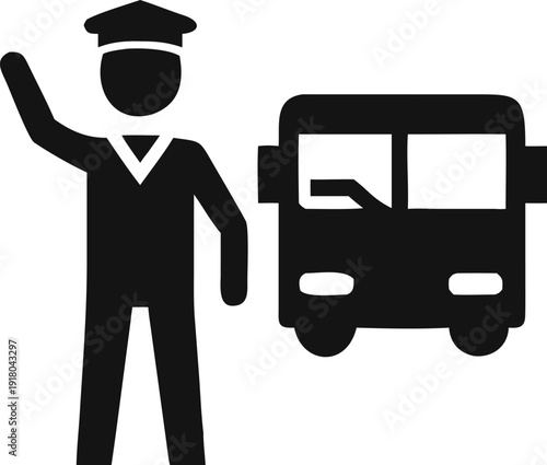 A uniformed bus driver raising an arm next to a public transport vehicle for commuters