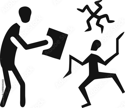 Abstract Person Engaging with Distorted Figures in a Dynamic Encounter