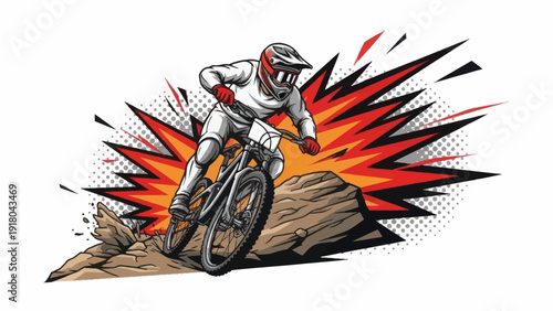 Mountain biker riding downhill over rocks with speed burst effect vector illustration