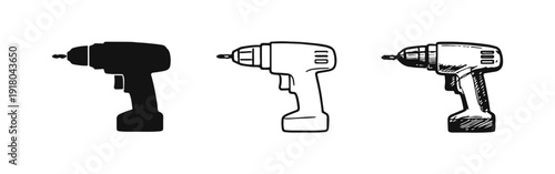 Cordless Drill Icon Set. Power Tool Illustrations in Solid, Outline, and Hand-Drawn Styles.