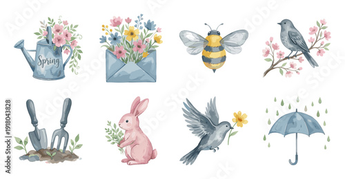Spring Watercolor Sticker Set with Floral Elements and Animals