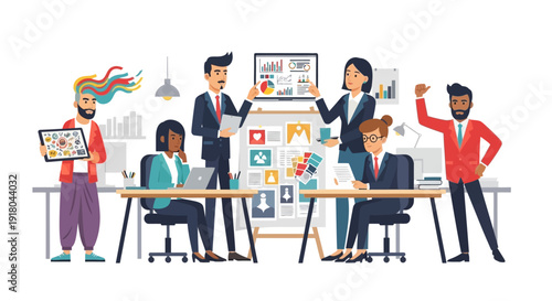 Diverse team collaborating on creative project in modern office