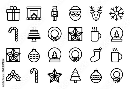 Christmas and winter holiday line icon set. Vector pictograms of santa, reindeer, snowflake, nutcracker, fireplace, gift, wreath, ornament, and star, outline illustration.