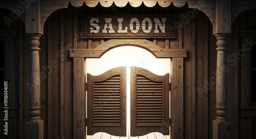 Old West wooden saloon entrance with swinging doors and a glowing light emanating from within, featuring a prominent 
