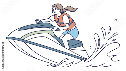 Girl Riding Water Motorbike on Water – Isolated Vector Illustration