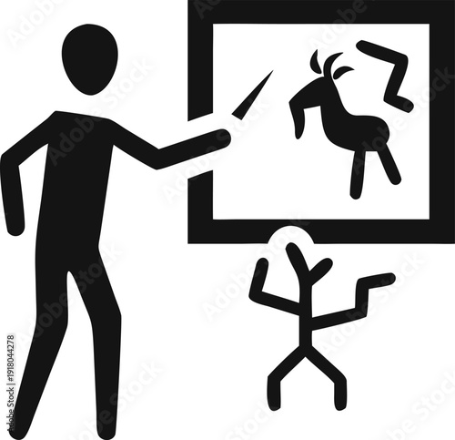 Archaeologist or guide pointing at ancient cave paintings showing animal and human figures