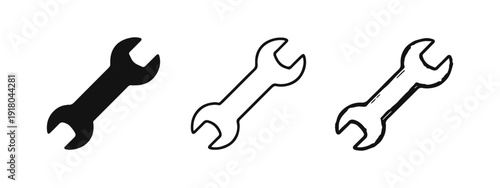 Wrench Icon Set. Mechanical Tool Illustrations in Flat, Outline, and Hand-Drawn Styles.