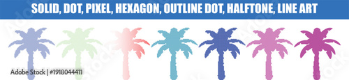 Palm Trees in Various Styles and Colors on  solid, dot, pixel, hexagon, outline dot, halftone, and lines effects