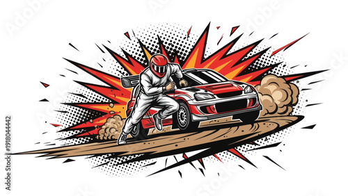 Racing car with driver in action illustration against white background