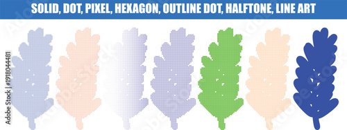 Leaf Icons in Various Styles and Textures for Graphic Design Elements solid, dot, pixel, hexagon, outline dot, halftone, and lines effects